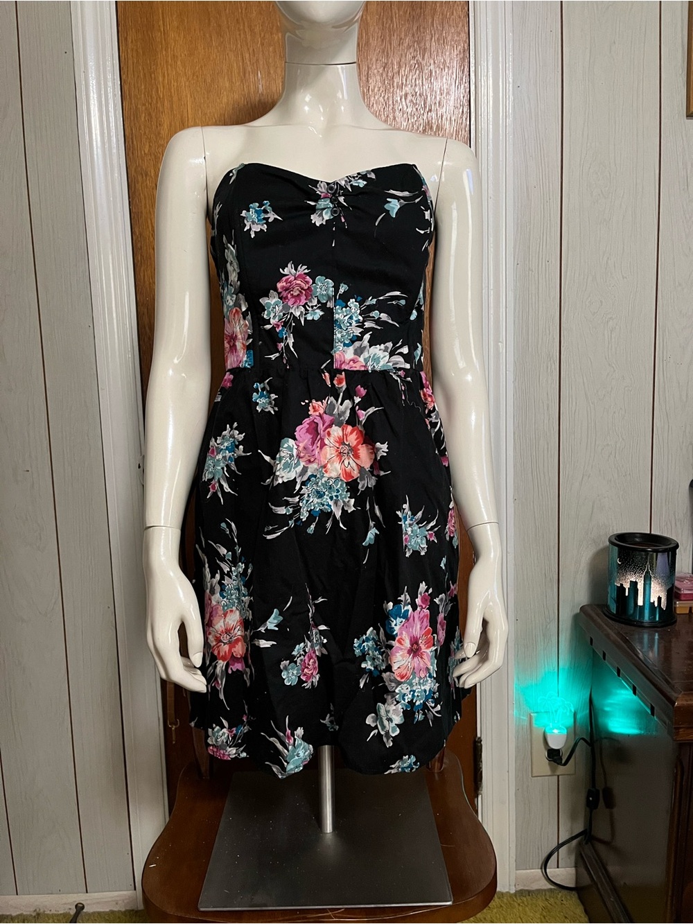 Xhilaration Black Strapless Floral Sundress with Pink & Teal Blooms